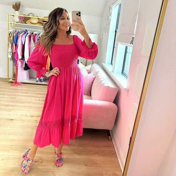 ZESICA Women's Long Sleeve Square Neck Smocked High Waist Flowy Maxi Dress - Picture 3 of 9